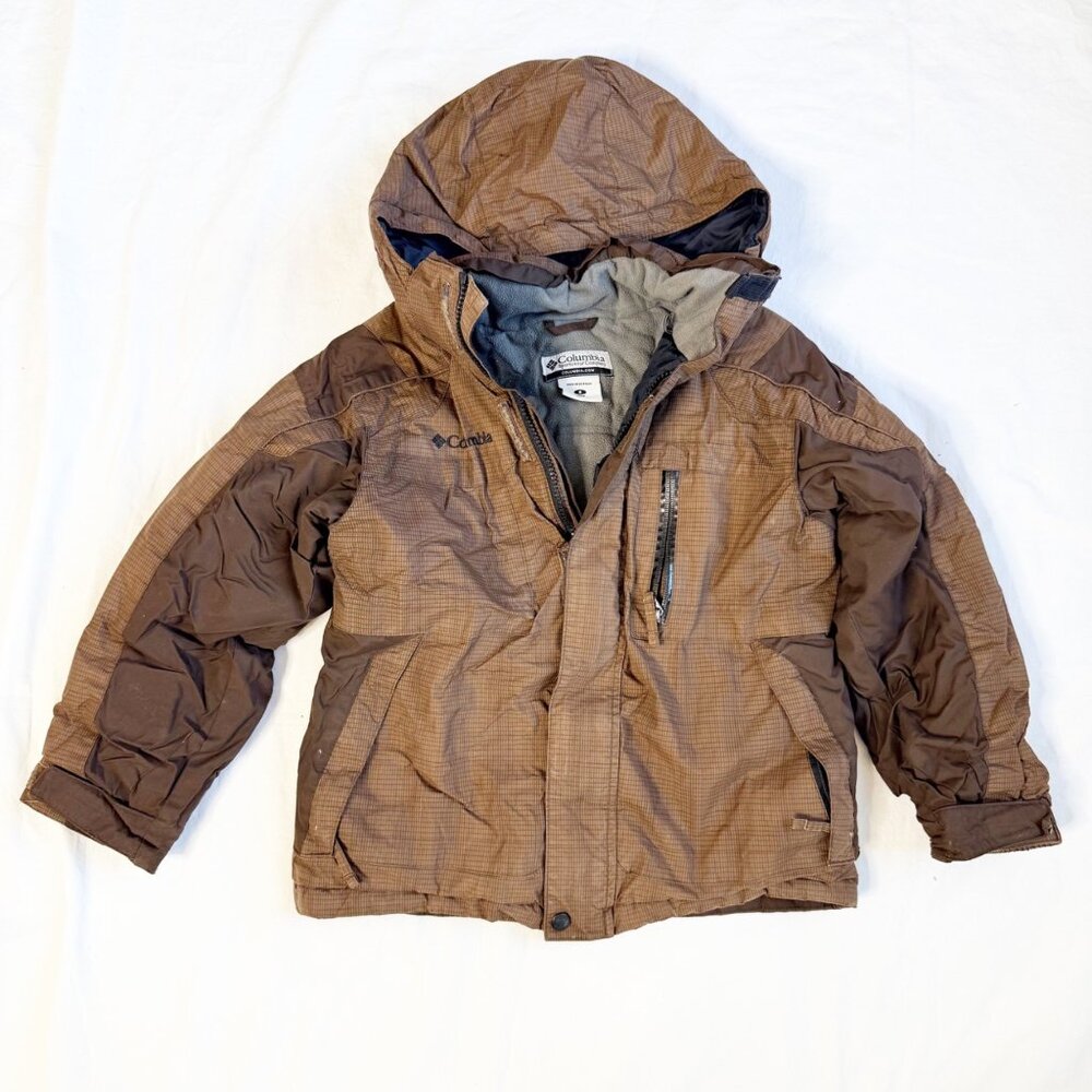 Columbia Youth Size 8 Brown Hooded Winter Jacket With Fleece Lining & Zip Pocket